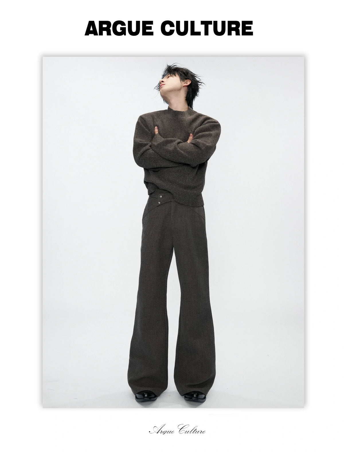 Cross-Overlap Micro-Flare Tailored Trousers in Gray - detail image 7