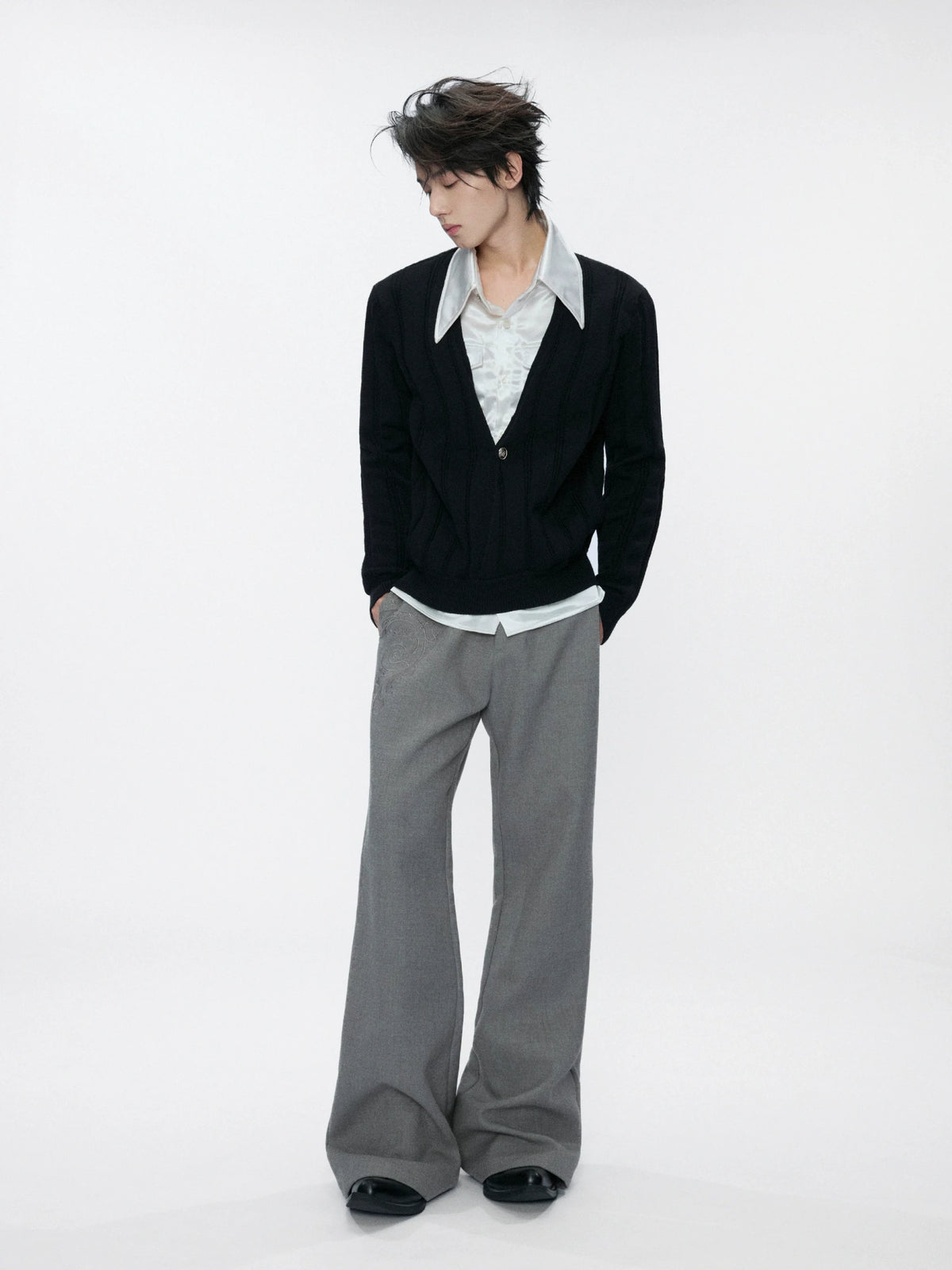 Cross-Overlap Micro-Flare Tailored Trousers in Gray - main image 4