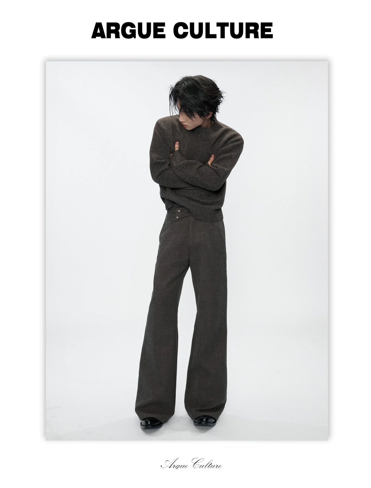 Cross-Overlap Micro-Flare Tailored Trousers in Gray - detail image 6