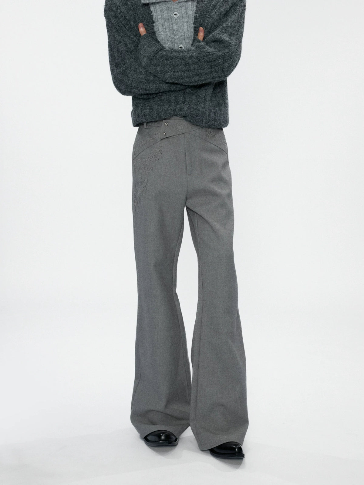 Cross-Overlap Micro-Flare Tailored Trousers in Gray - main image 5