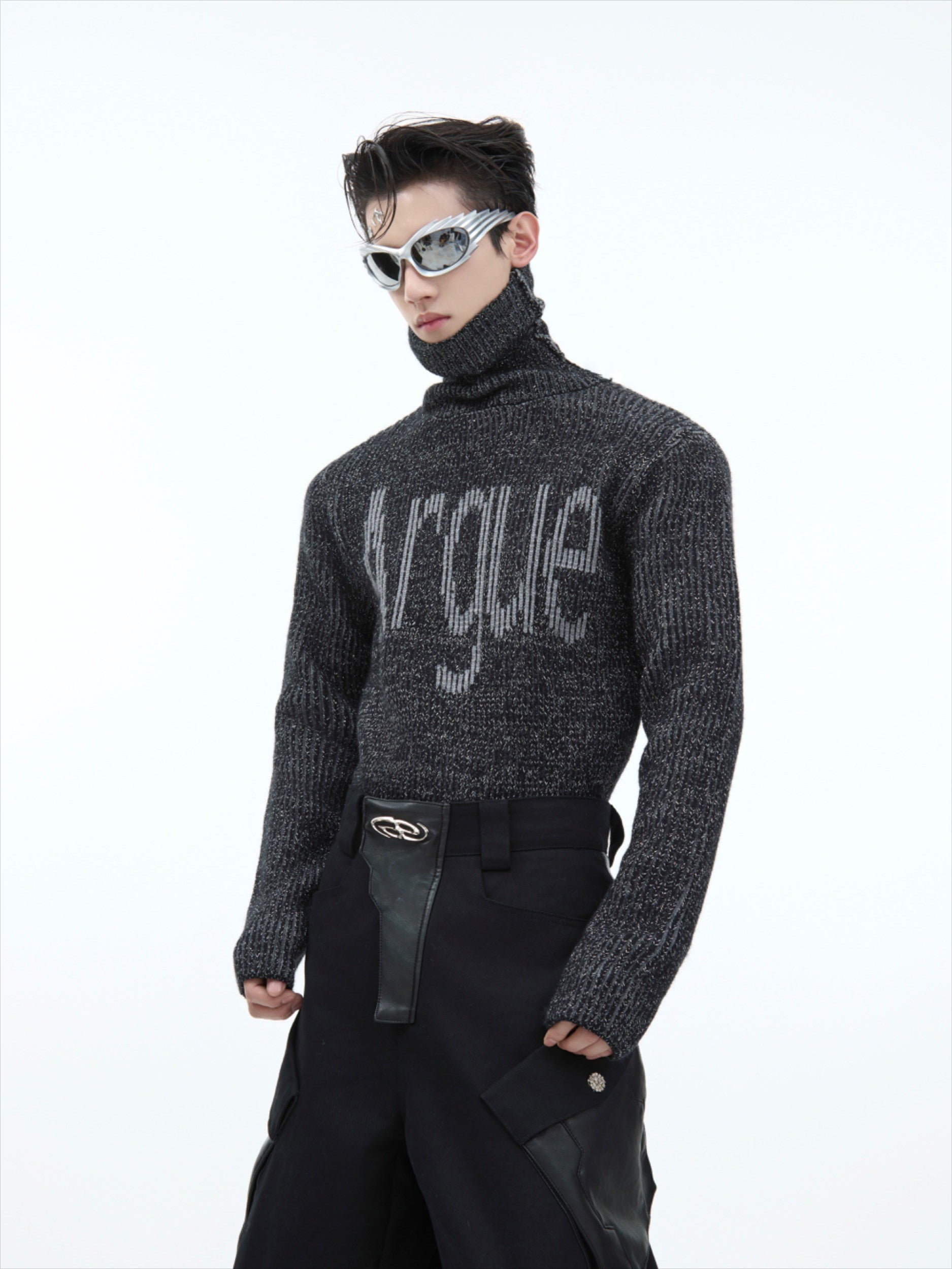 Chic High Neck Textured Sweater with Logo Embroidery - ArgueCulture