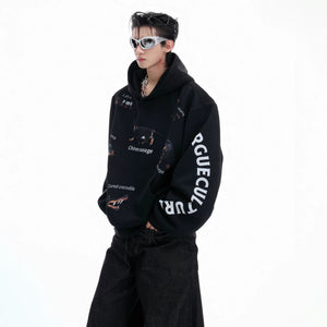 Front view of black cropped hoodie with abstract dachshund graphic.