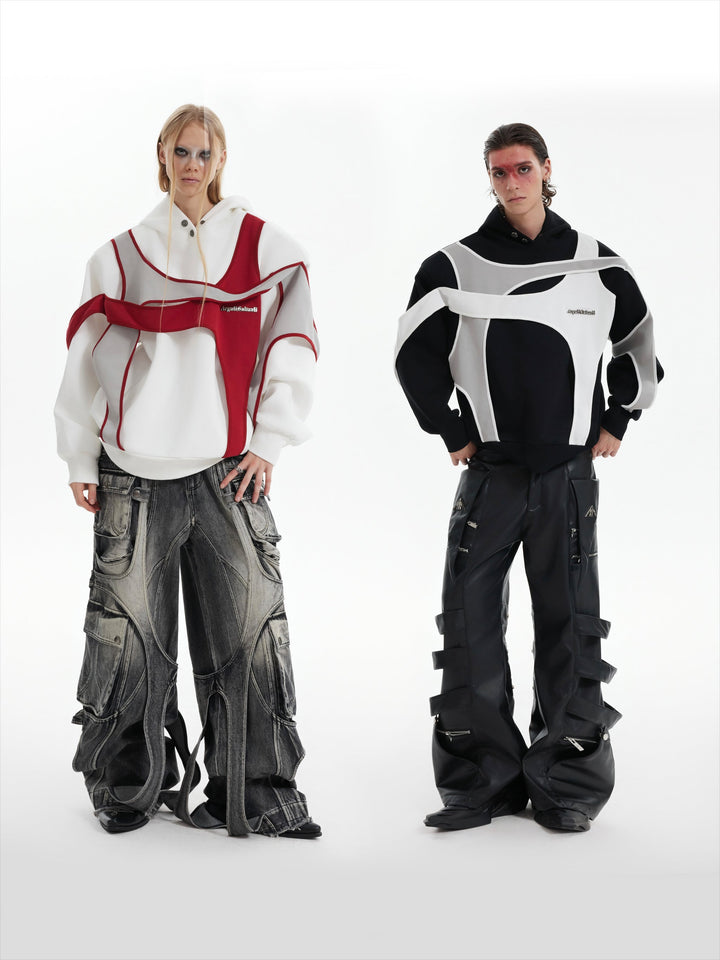 Layered Contrast Hoodie with Strap Design and Detachable Shoulder Pads - ArgueCulture