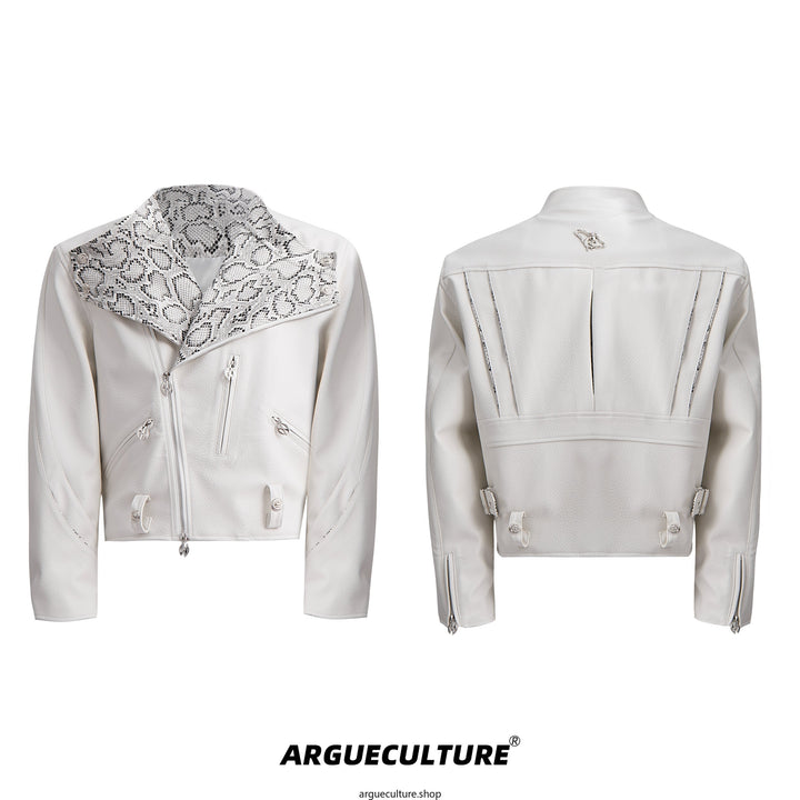 Snake Pattern PU Short Jacket with Lapel Collar and Zipper Pockets - ArgueCulture