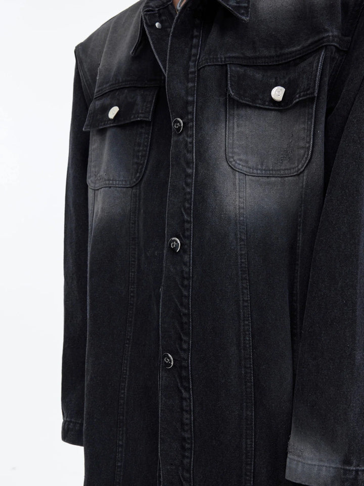 Deconstructed Aged Wash Long Denim Coat | Over - Knee Trench with Line Design - ArguE CulturE