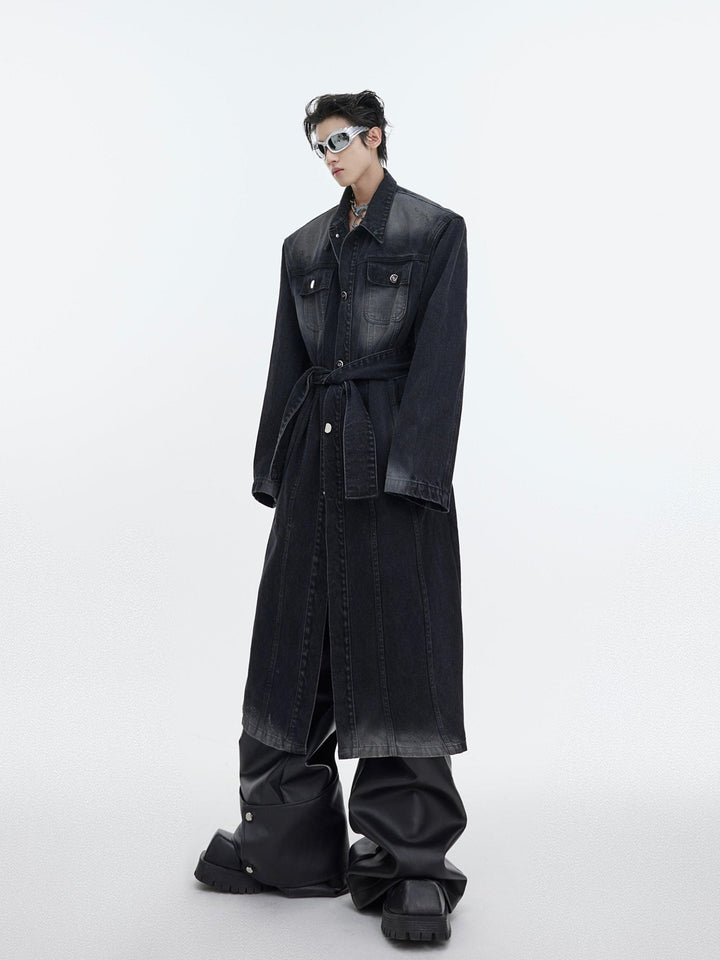 Deconstructed Aged Wash Long Denim Coat | Over - Knee Trench with Line Design - ArguE CulturE