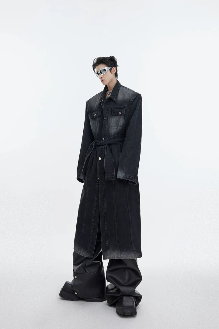 Deconstructed Aged Wash Long Denim Coat | Over - Knee Trench with Line Design - ArguE CulturE