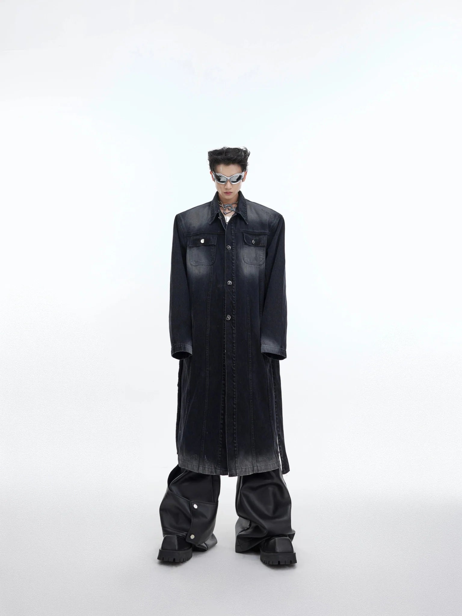 Deconstructed Aged Wash Long Denim Coat | Over - Knee Trench with Line Design - ArguE CulturE