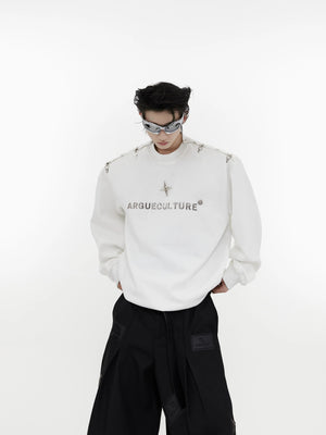 Gray deconstructed sweatshirt with metal airplane buckle and padded shoulders
