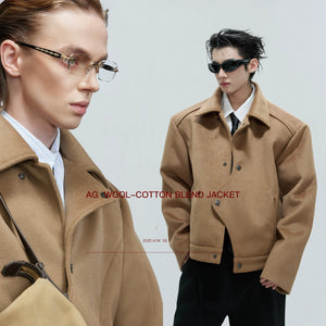 Front view of men's deconstructed brown alpaca wool jacket in quiet luxury style