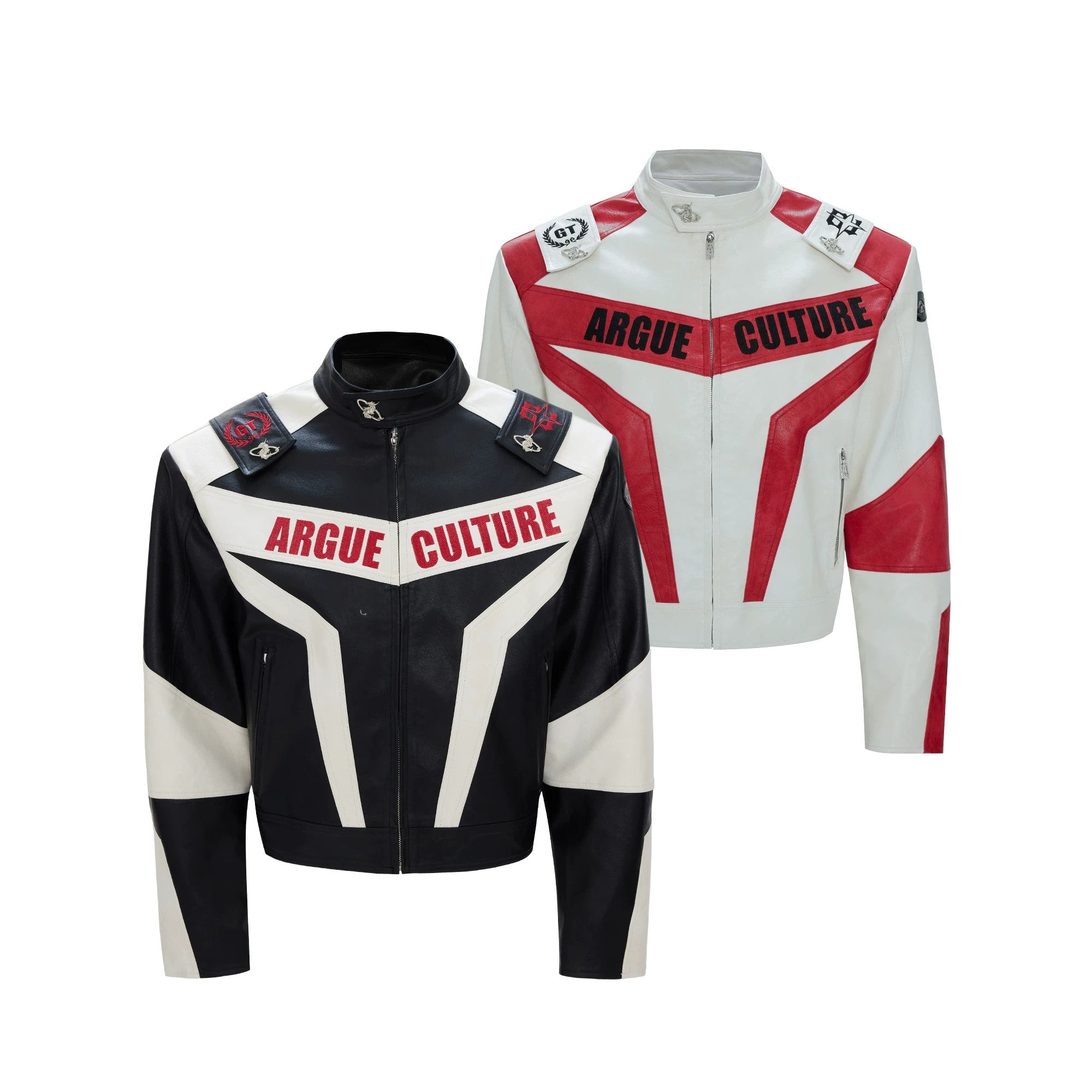 Front view of deconstructed armor biker jacket with padded shoulders