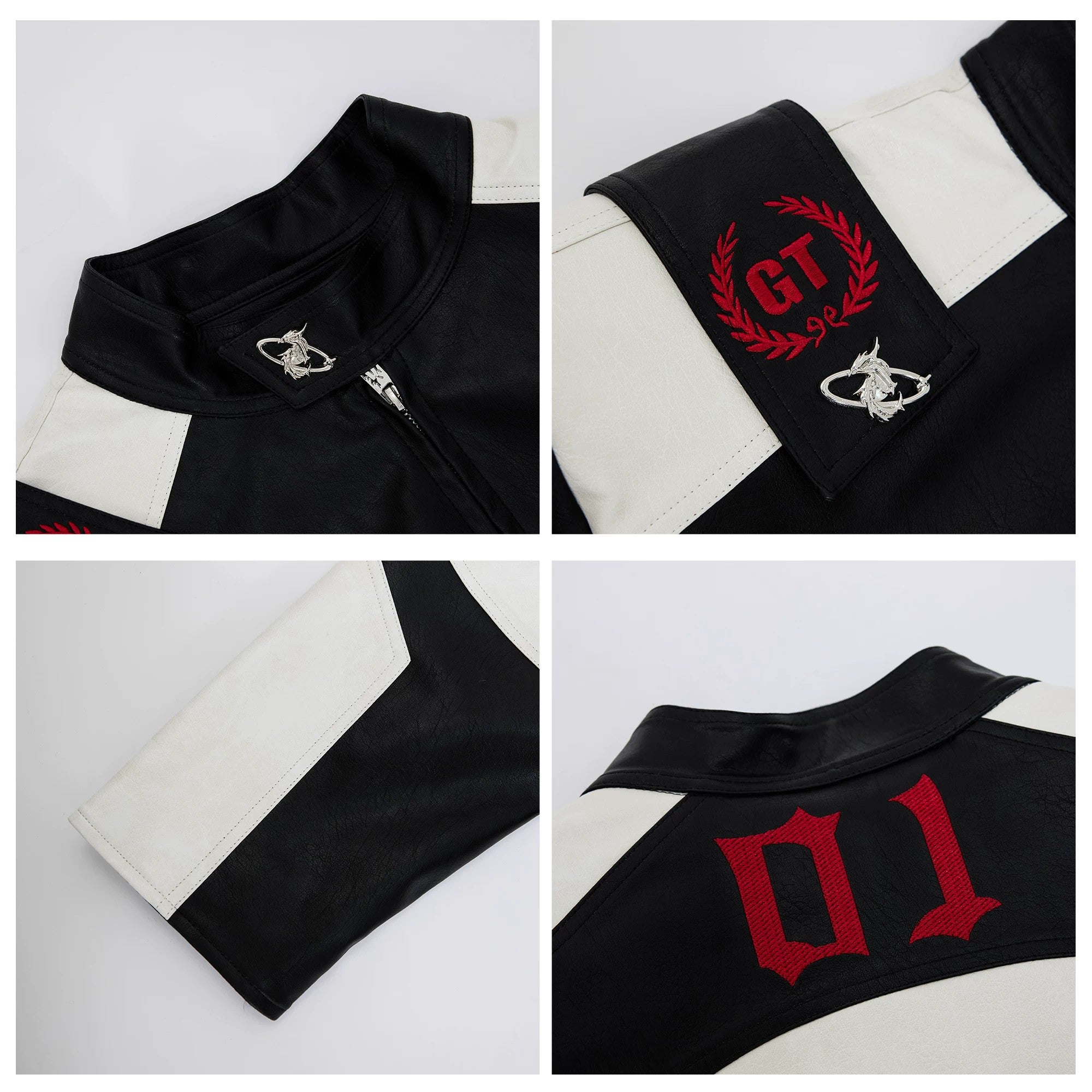 Deep red colorblock biker jacket in a street style setting