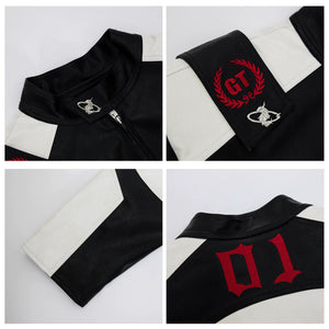 Deep red colorblock biker jacket in a street style setting