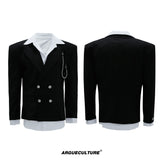 Deconstructed Cinched-Waist Suit Set in Black - Black Top