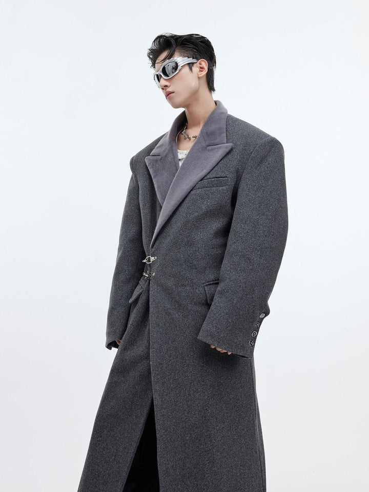 Deconstructed Cinched Woolen Coat | Metallic Buckle Long Overcoat - ArguE CulturE