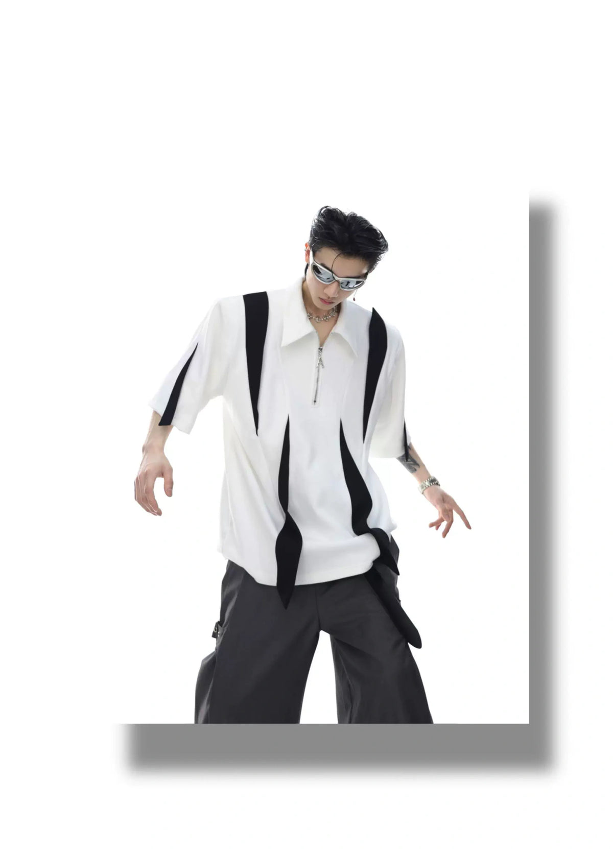 Deconstructed Contrast Zip Polo Shirt in Black & White - detail image 6