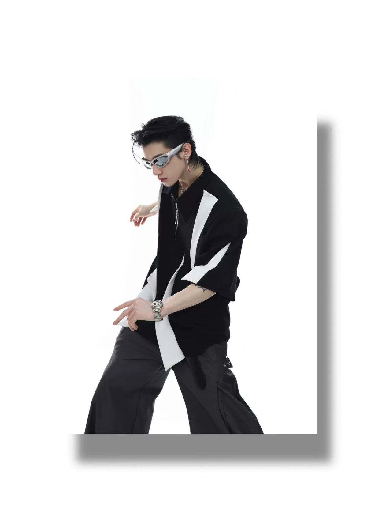 Deconstructed Contrast Zip Polo Shirt in Black & White - detail image 3