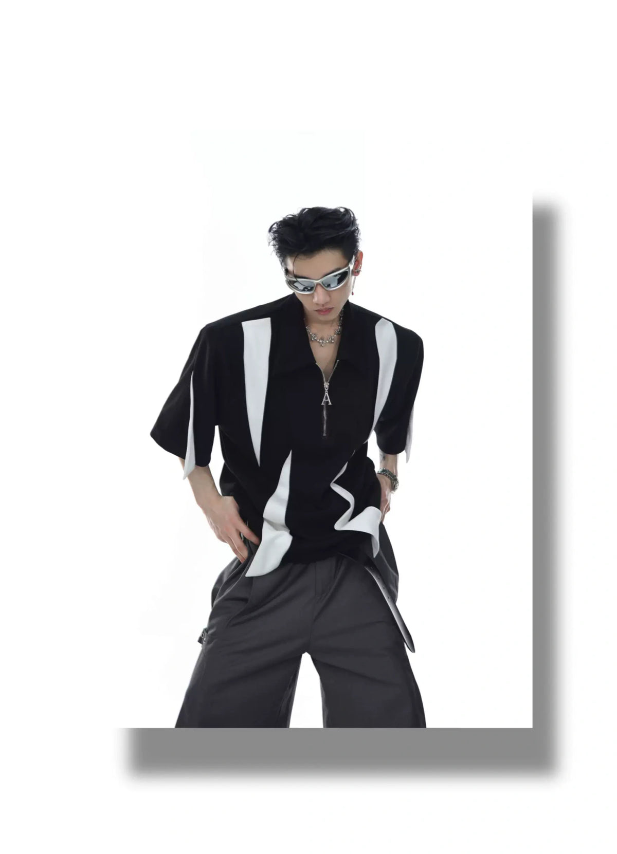 Deconstructed Contrast Zip Polo Shirt in Black & White - detail image 4
