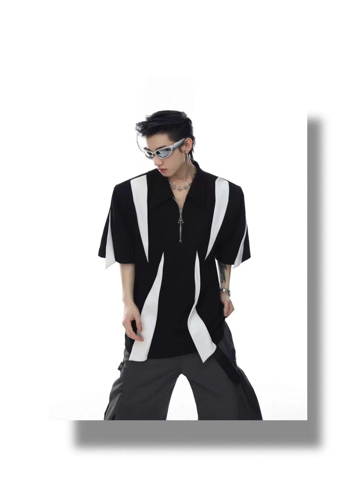 Deconstructed Contrast Zip Polo Shirt in Black & White - detail image 5