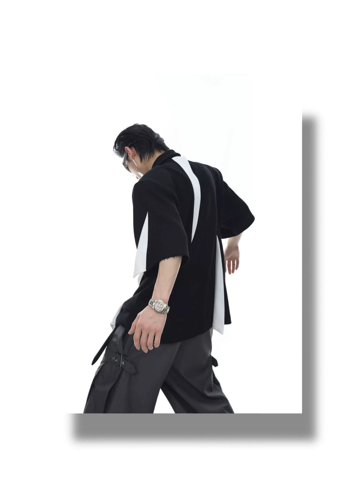 Deconstructed Contrast Zip Polo Shirt in Black & White - detail image 2