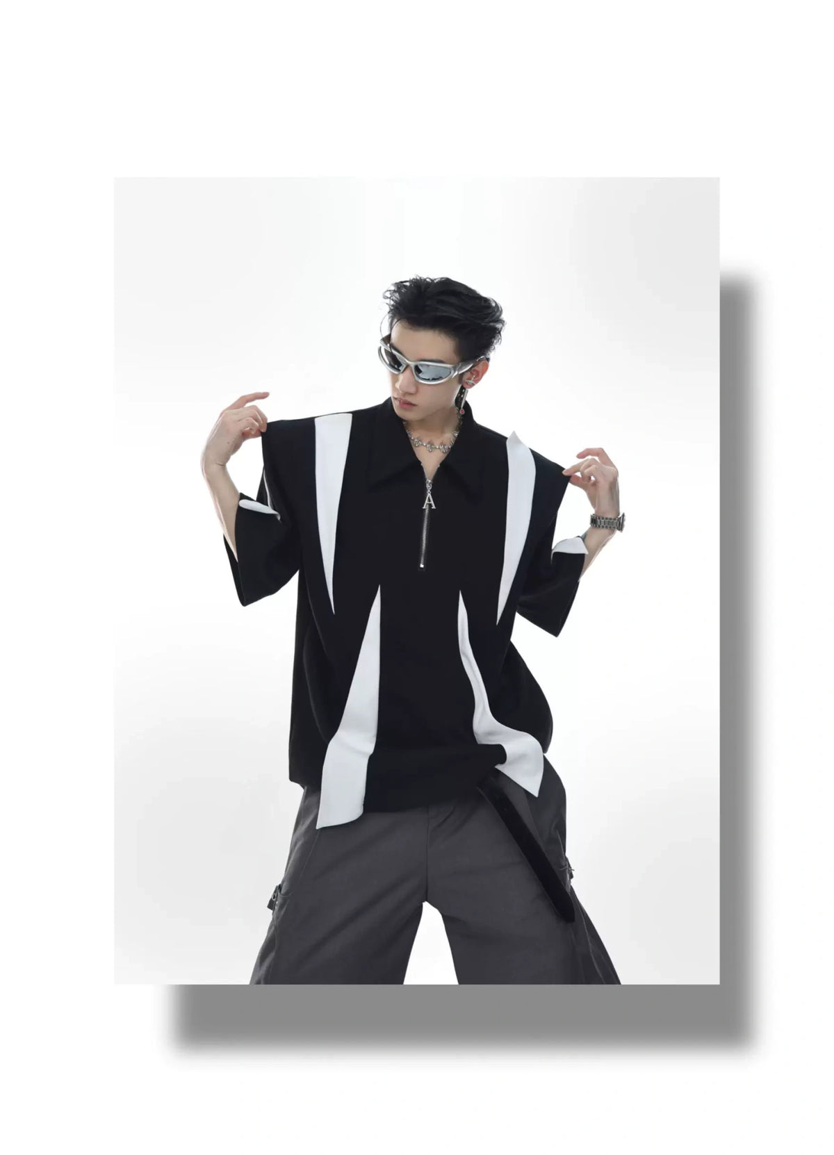 Deconstructed Contrast Zip Polo Shirt in Black & White - detail image 1
