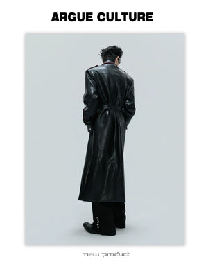 desc::deconstructed-croc-effect-leather-long-coat-with-belt-detail-img-11