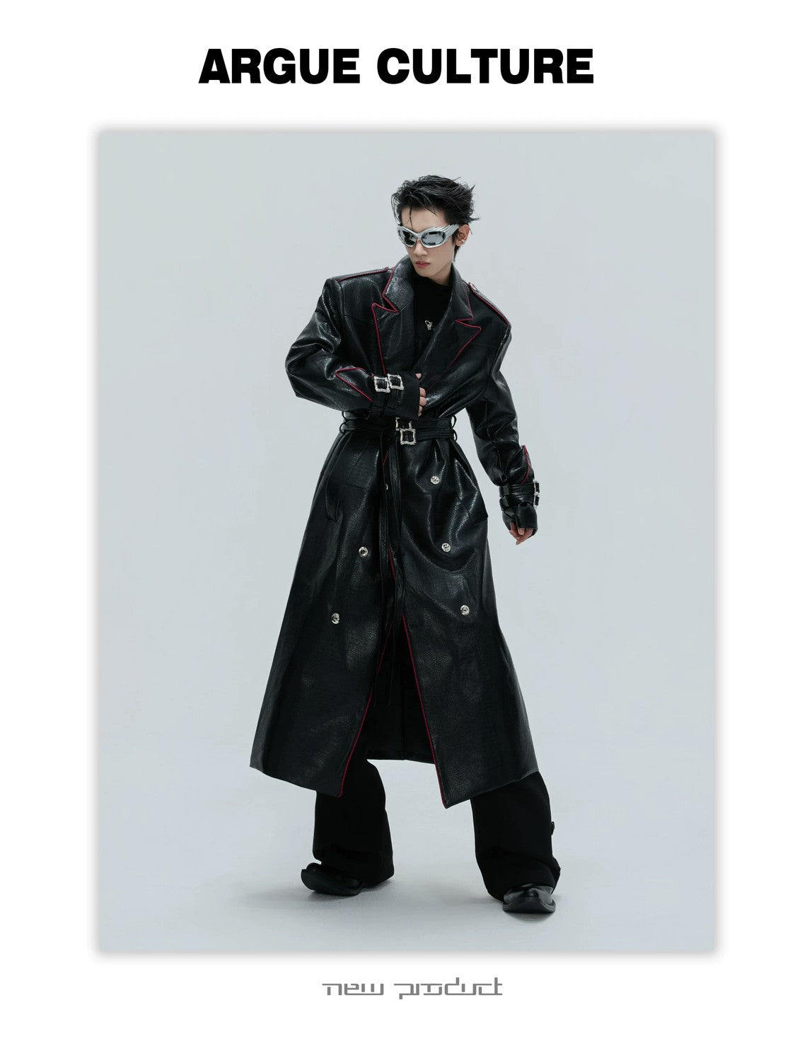 desc::deconstructed-croc-effect-leather-long-coat-with-belt-detail-img-12