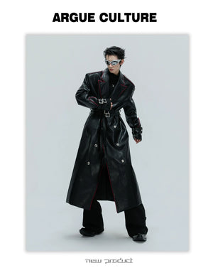 desc::deconstructed-croc-effect-leather-long-coat-with-belt-detail-img-12