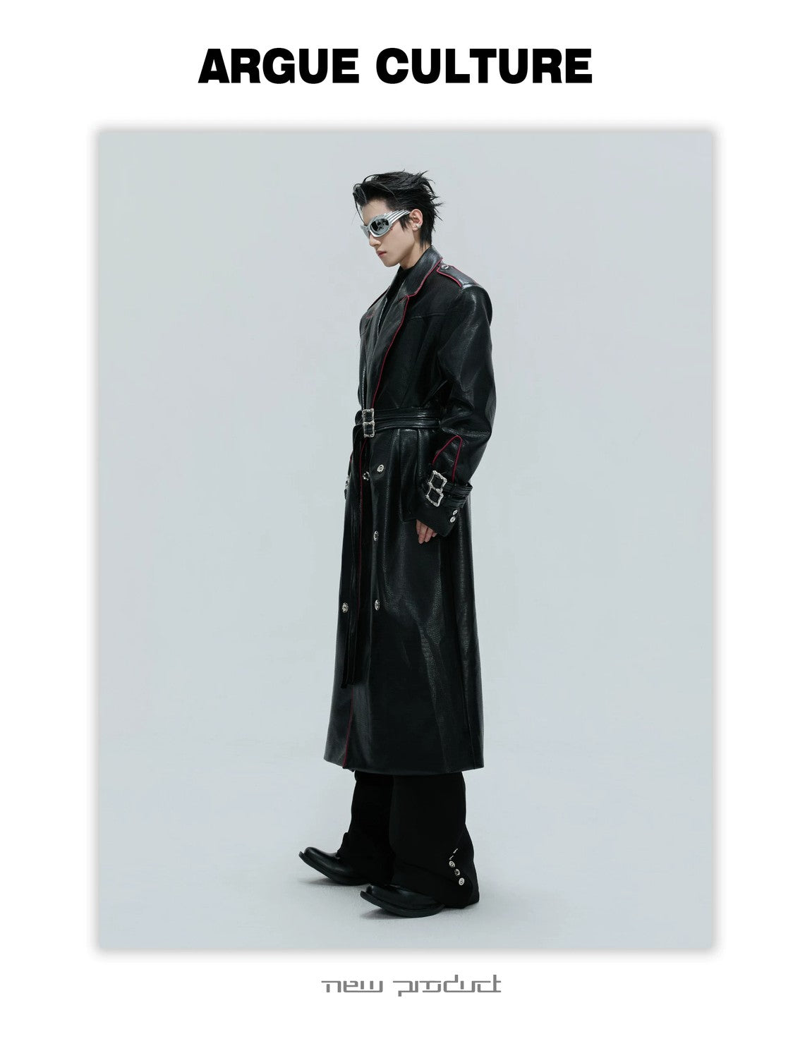 desc::deconstructed-croc-effect-leather-long-coat-with-belt-detail-img-13