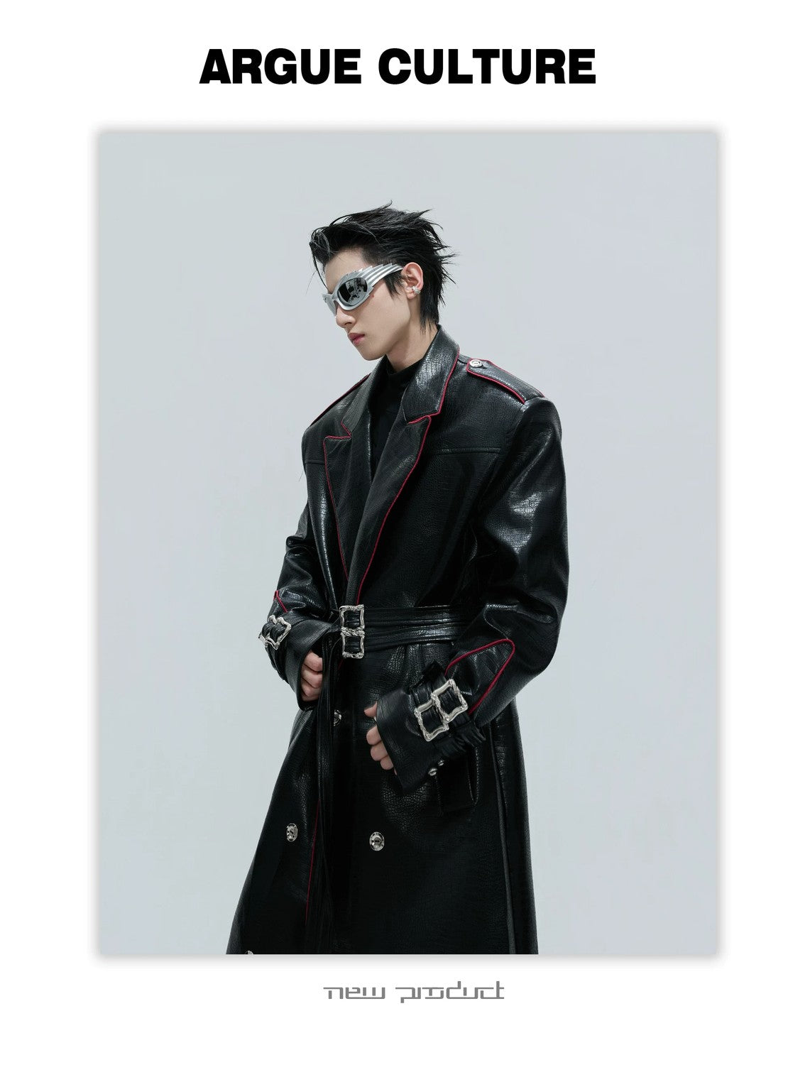 desc::deconstructed-croc-effect-leather-long-coat-with-belt-detail-img-14