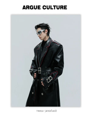 desc::deconstructed-croc-effect-leather-long-coat-with-belt-detail-img-14