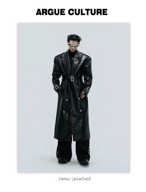 desc::deconstructed-croc-effect-leather-long-coat-with-belt-detail-img-2