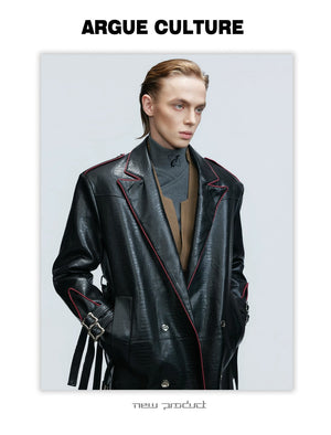 desc::deconstructed-croc-effect-leather-long-coat-with-belt-detail-img-6