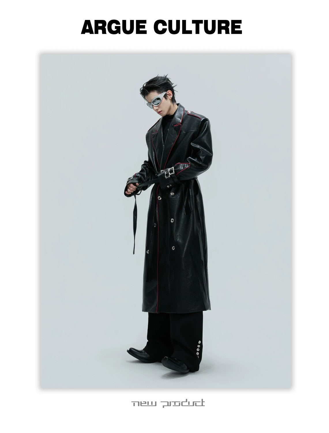 desc::deconstructed-croc-effect-leather-long-coat-with-belt-detail-img-9