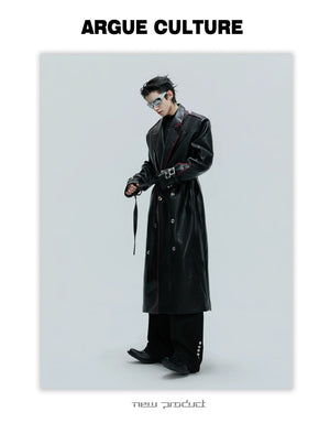 desc::deconstructed-croc-effect-leather-long-coat-with-belt-detail-img-9