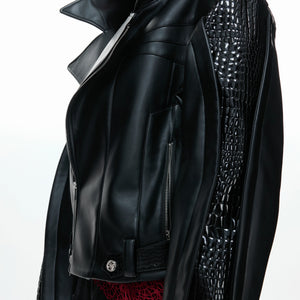 Model wearing the loose fit deconstructed streetwear jacket