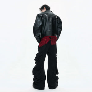 Street style shot of the croc embossed moto jacket with cargo pants