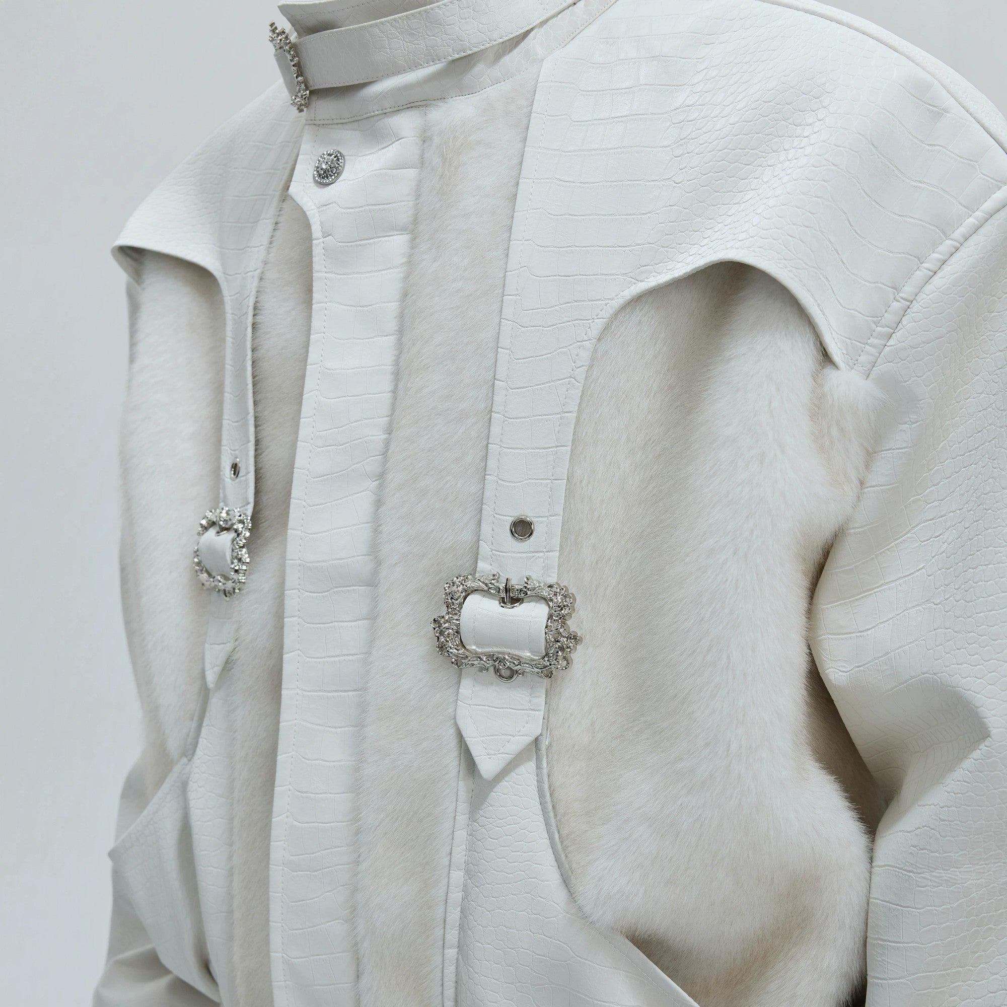 Khaki crocodile texture streetwear jacket with metallic hardware details