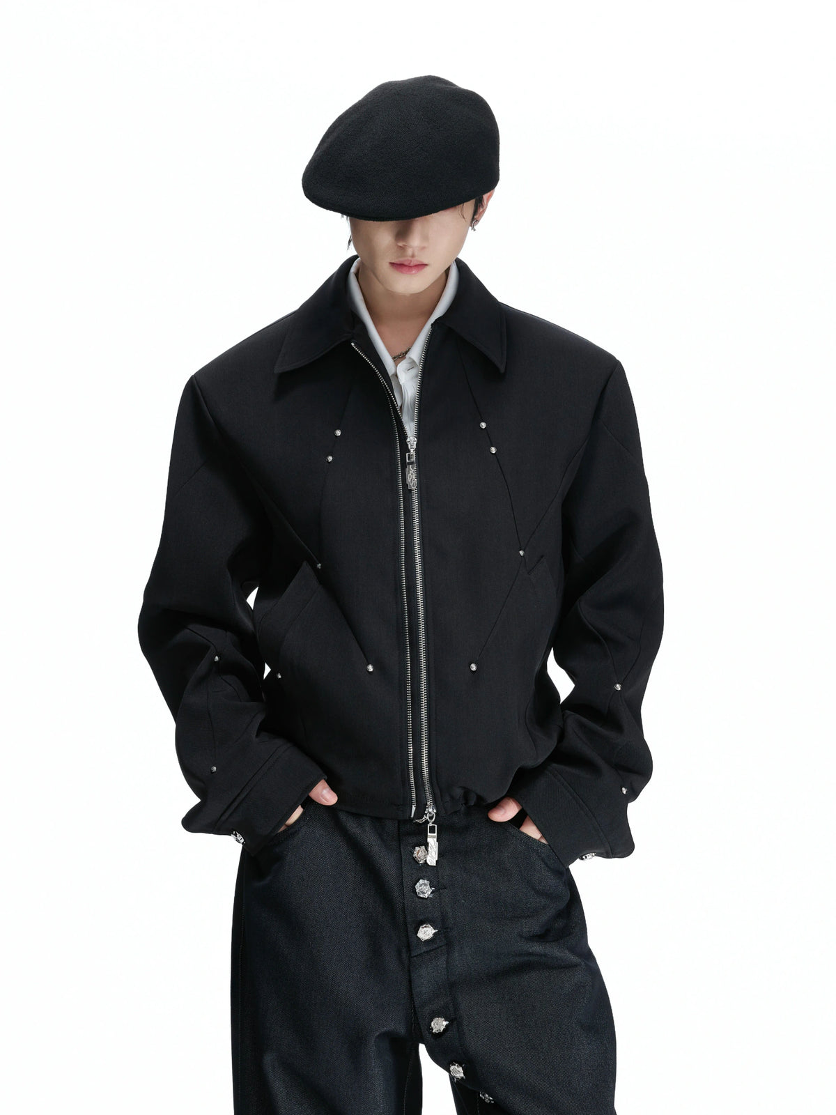 Deconstructed Cropped Double-Zip Rivet Jacket, Black - main image 4