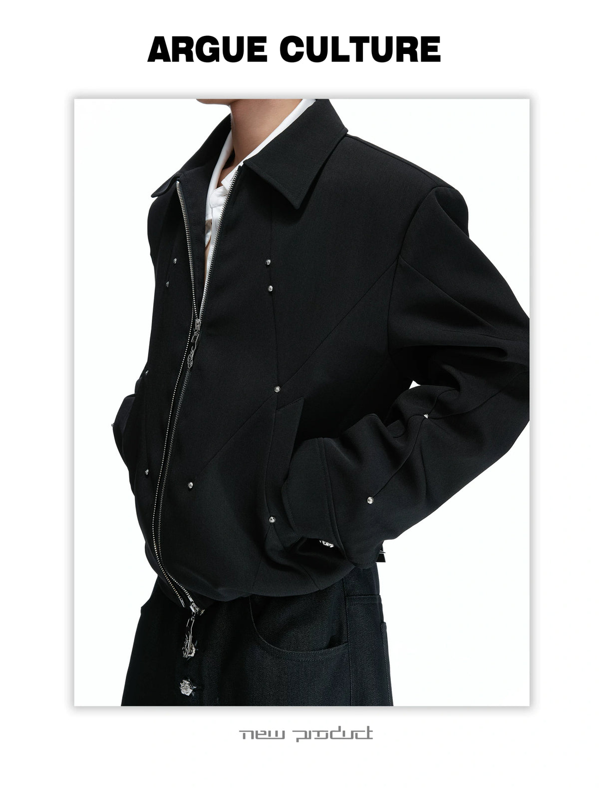 Deconstructed Cropped Double-Zip Rivet Jacket, Black - detail image 6