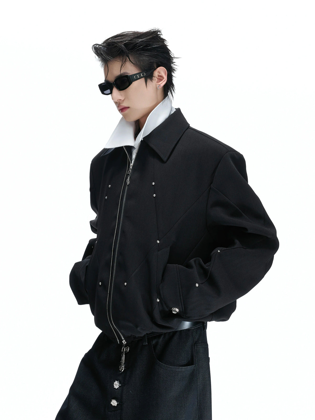 Deconstructed Cropped Double-Zip Rivet Jacket, Black - main image 2