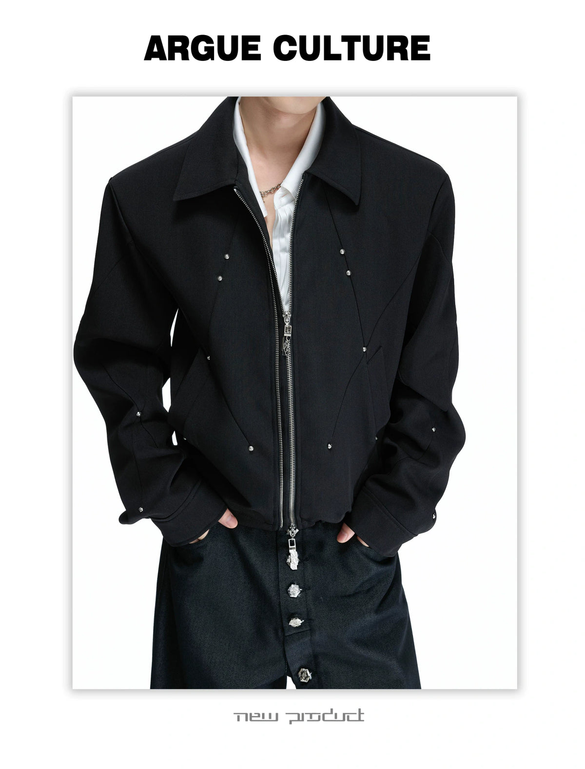 Deconstructed Cropped Double-Zip Rivet Jacket, Black - detail image 14