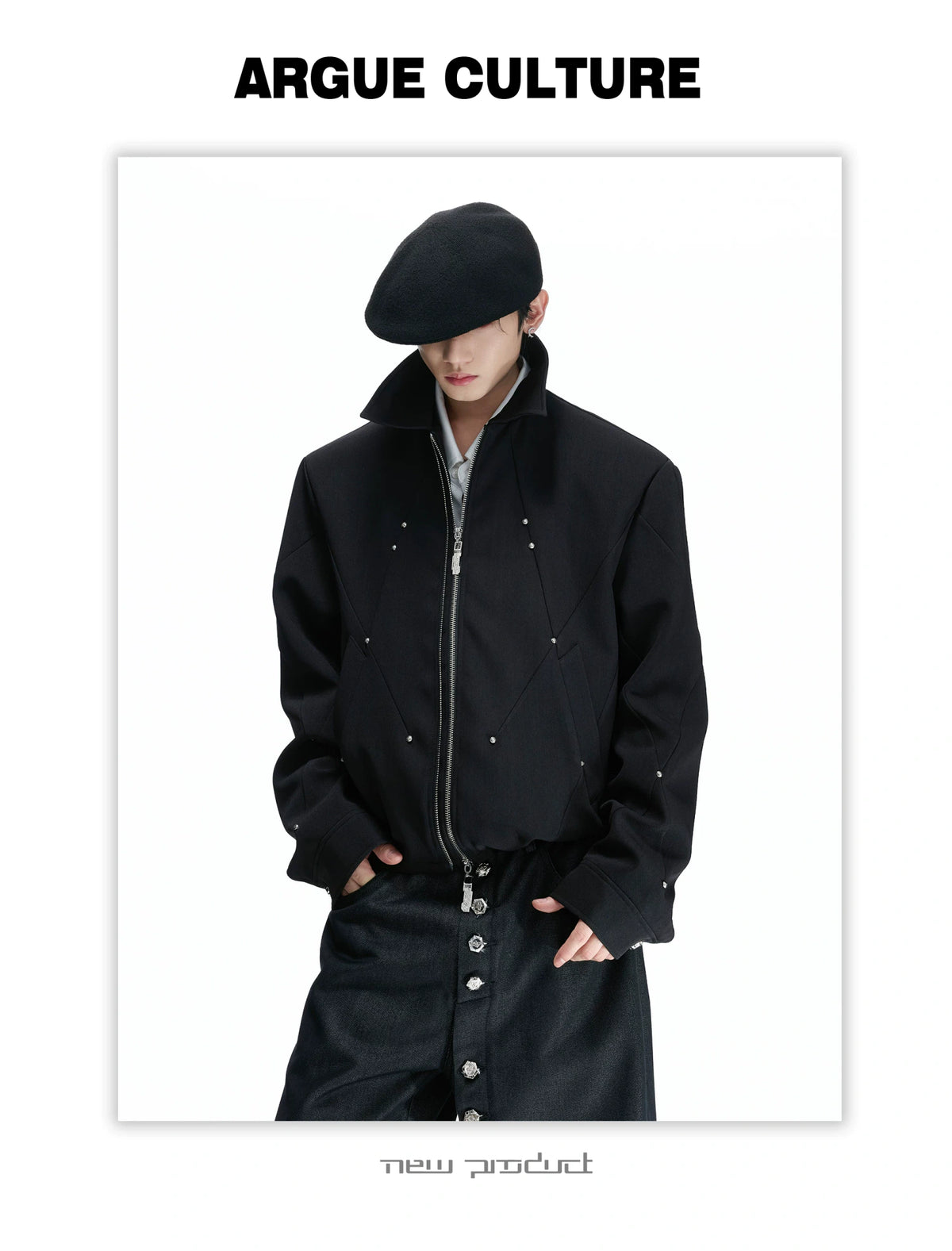 Deconstructed Cropped Double-Zip Rivet Jacket, Black - detail image 12