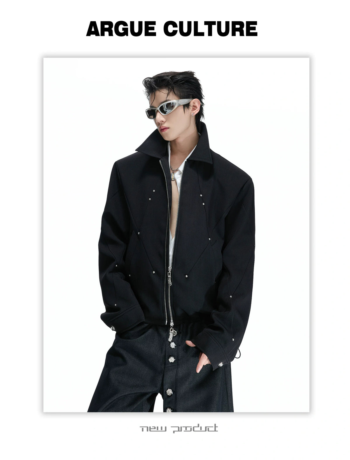Deconstructed Cropped Double-Zip Rivet Jacket, Black - detail image 5