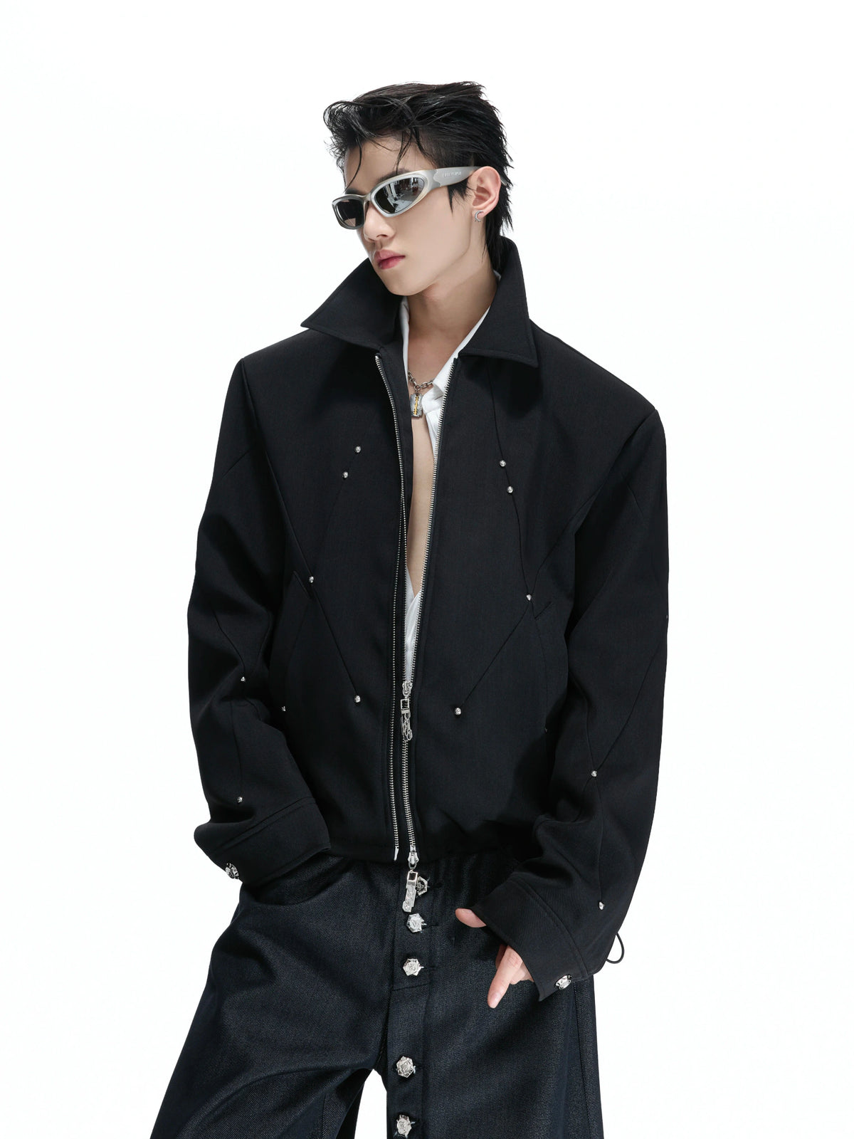 Deconstructed Cropped Double-Zip Rivet Jacket, Black - main image 1