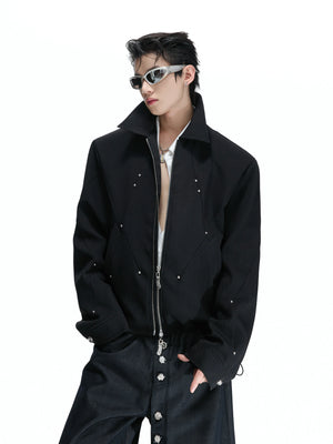 Deconstructed Cropped Double-Zip Rivet Jacket, Black - main image 1