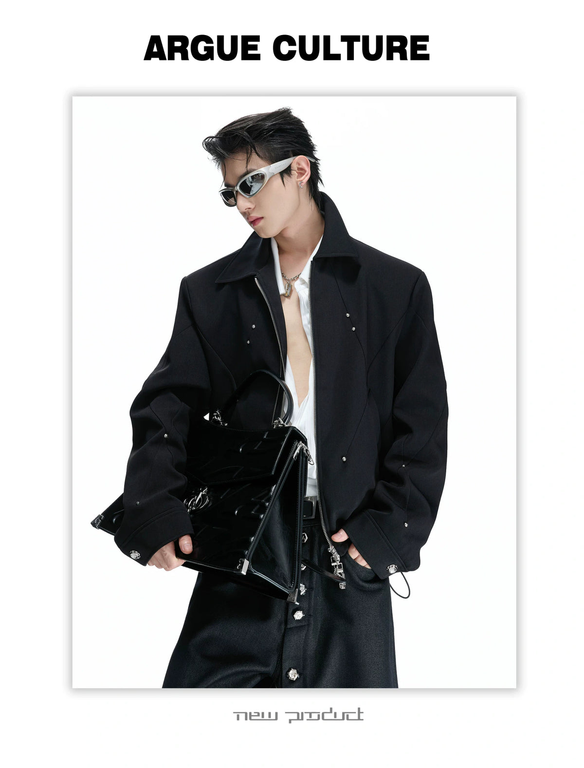 Deconstructed Cropped Double-Zip Rivet Jacket, Black - detail image 8