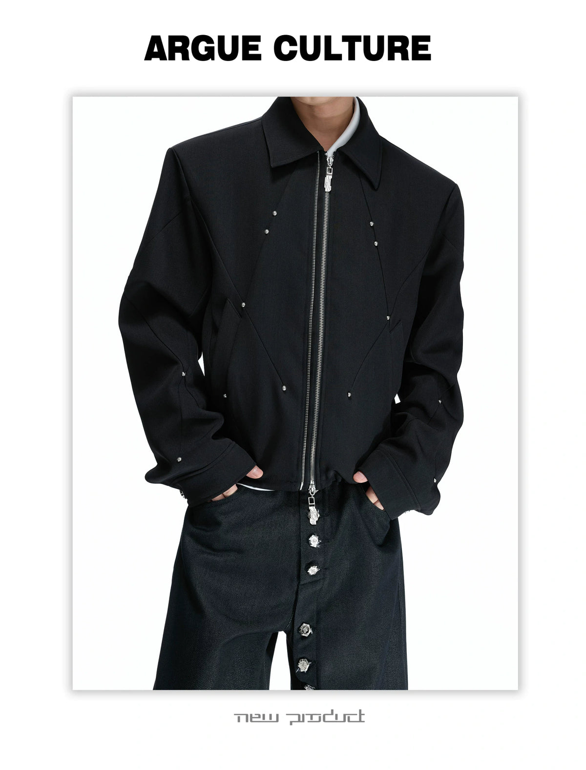 Deconstructed Cropped Double-Zip Rivet Jacket, Black - detail image 9
