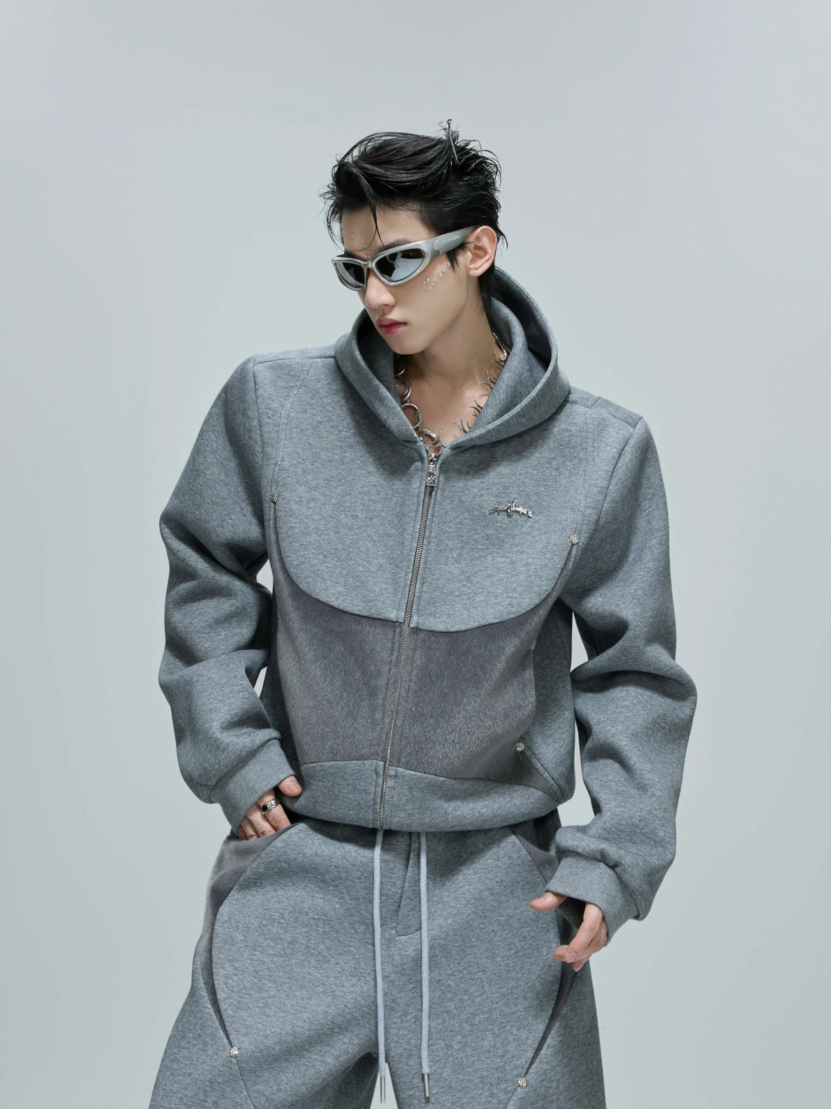 Deconstructed Cropped Hoodie & Pants Set in Cotton - Gray Top
