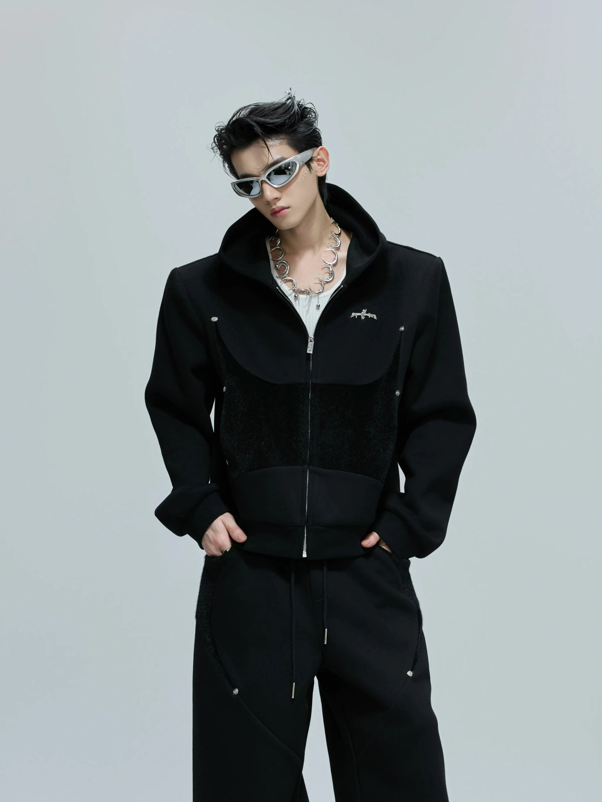 Deconstructed Cropped Hoodie & Pants Set in Cotton - Black Top